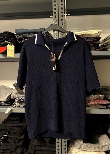 Siyah Örgü Yarım Kollu Polo Tişört - Görsel 2