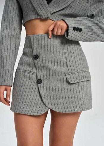 Gri Çizgili Blazer ve Etek Takım MAİ COLLECTİON - Görsel 6