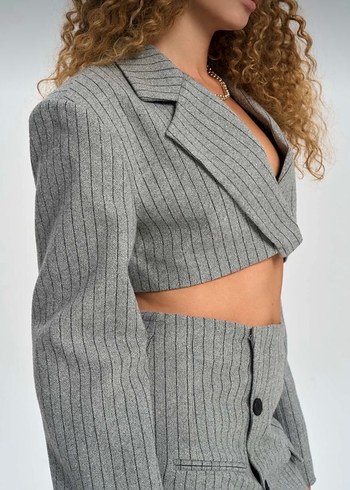 Gri Çizgili Blazer ve Etek Takım MAİ COLLECTİON - Görsel 7