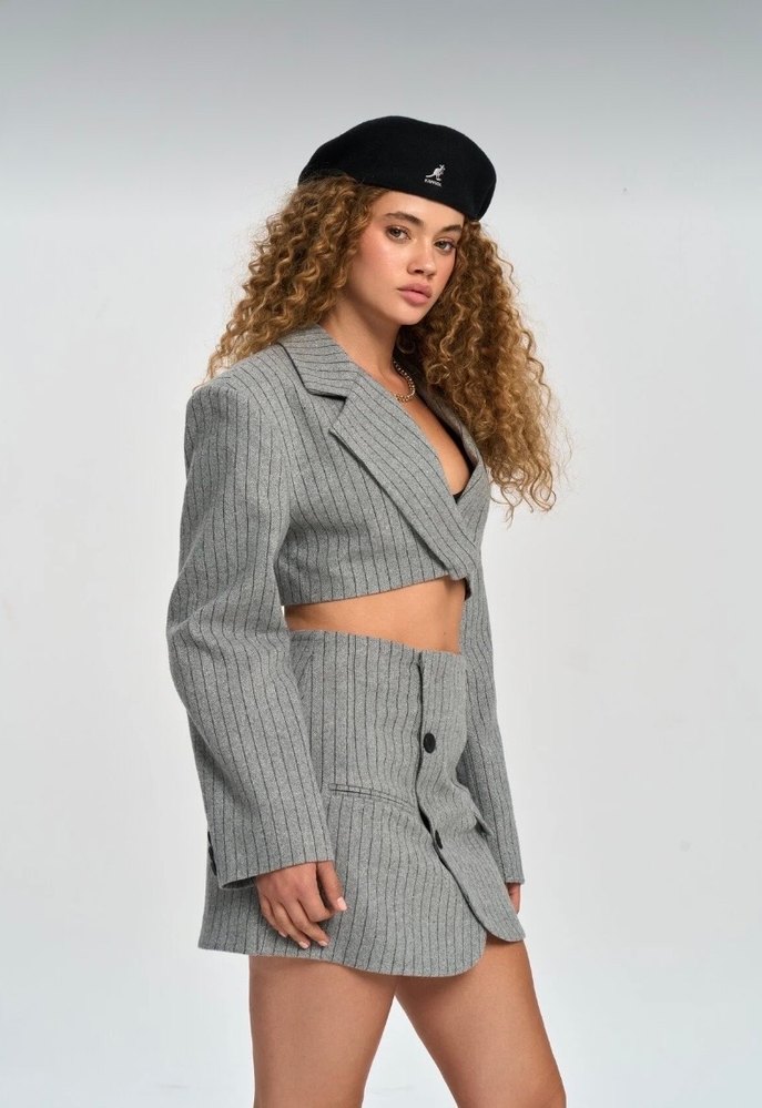 Gri Çizgili Blazer ve Etek Takım MAİ COLLECTİON - Görsel 2