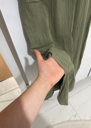 Kadın Haki Kısa Kollu Keten Gömlek Elbise - Görsel 6