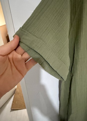 Kadın Haki Kısa Kollu Keten Gömlek Elbise - Görsel 4