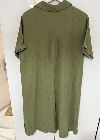 Kadın Haki Kısa Kollu Keten Gömlek Elbise - Görsel 5
