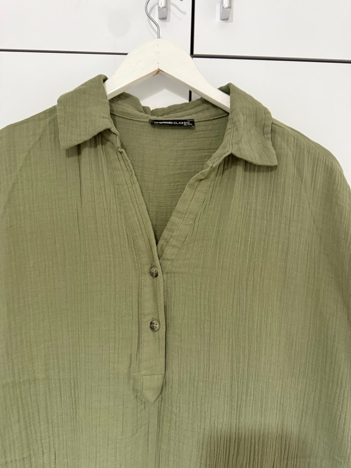 Kadın Haki Kısa Kollu Keten Gömlek Elbise - Görsel 2