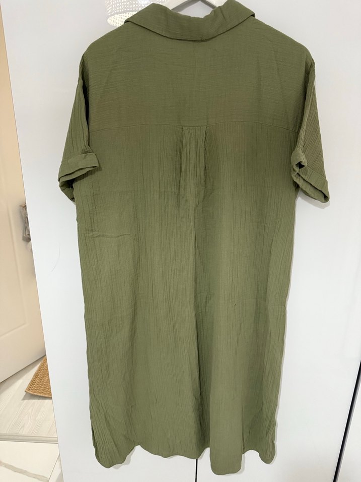 Kadın Haki Kısa Kollu Keten Gömlek Elbise - Görsel 5