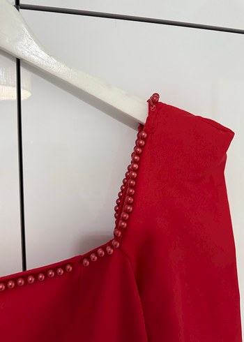 Kırmızı Uzun Kollu Drapeli Kadın Abiye Elbise - Görsel 2