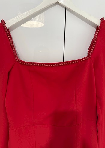 Kırmızı Uzun Kollu Drapeli Kadın Abiye Elbise - Görsel 3