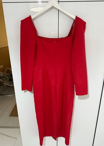 Kırmızı Uzun Kollu Drapeli Kadın Abiye Elbise - Görsel 4