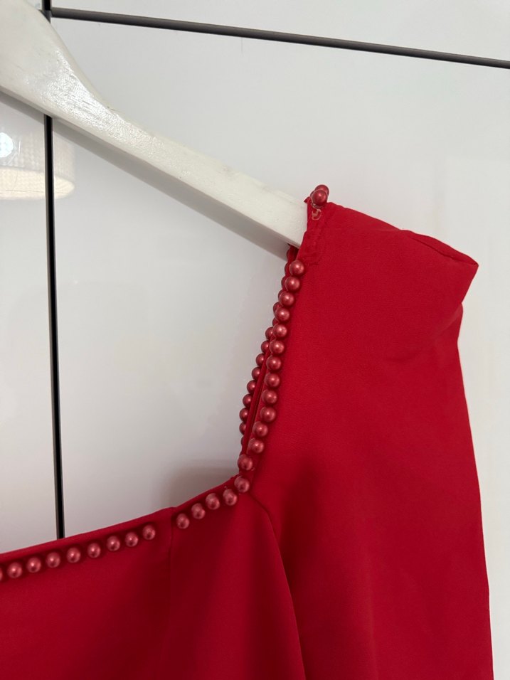 Kırmızı Uzun Kollu Drapeli Kadın Abiye Elbise - Görsel 2