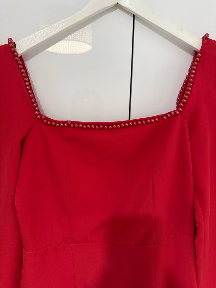 Kırmızı Uzun Kollu Drapeli Kadın Abiye Elbise - Görsel 3