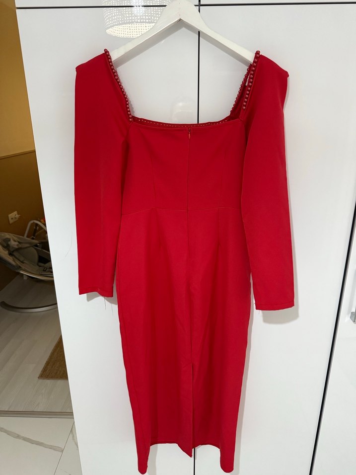 Kırmızı Uzun Kollu Drapeli Kadın Abiye Elbise - Görsel 4