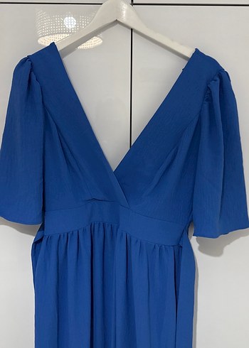 Mavi V Yakalı Pamuklu Uzun Elbise - Görsel 3