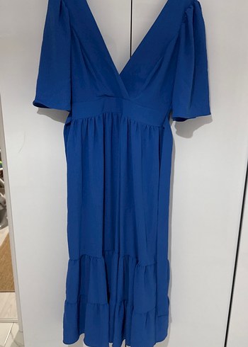 Mavi V Yakalı Pamuklu Uzun Elbise - Görsel 2