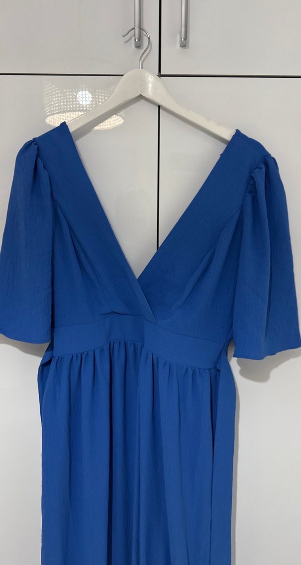 Mavi V Yakalı Pamuklu Uzun Elbise - Görsel 3