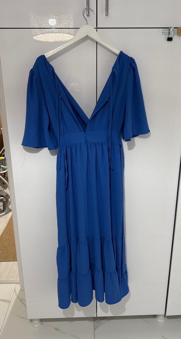 Mavi V Yakalı Pamuklu Uzun Elbise - Görsel 4