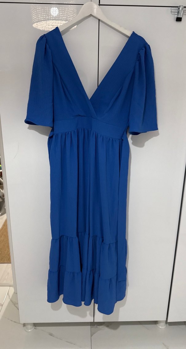 Mavi V Yakalı Pamuklu Uzun Elbise - Görsel 2