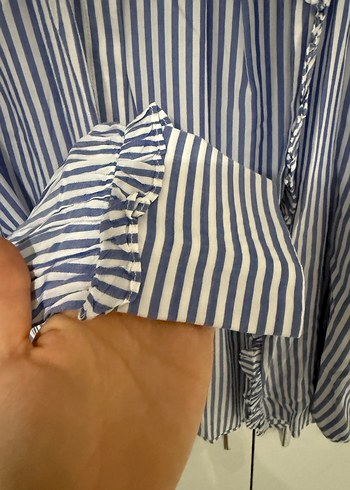 Mavi Çizgili Keten Kadın Gömlek - Görsel 4