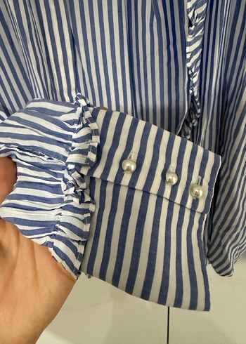 Mavi Çizgili Keten Kadın Gömlek - Görsel 5