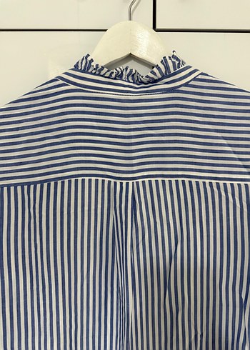 Mavi Çizgili Keten Kadın Gömlek - Görsel 7