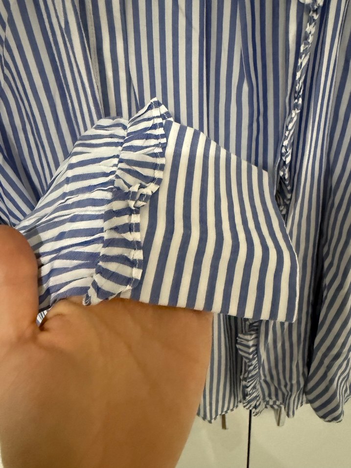 Mavi Çizgili Keten Kadın Gömlek - Görsel 4