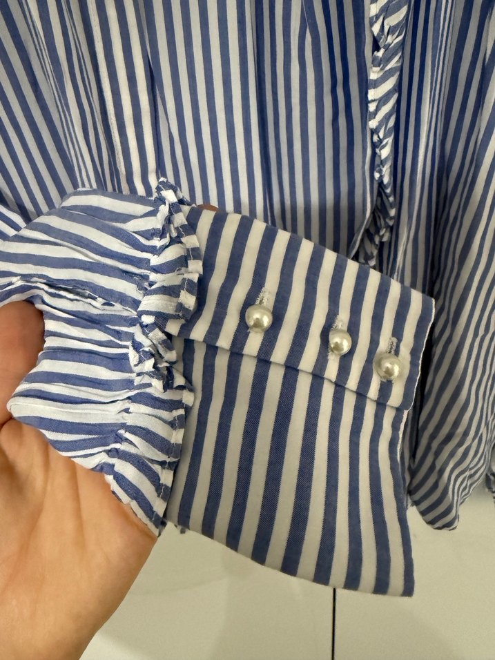 Mavi Çizgili Keten Kadın Gömlek - Görsel 5