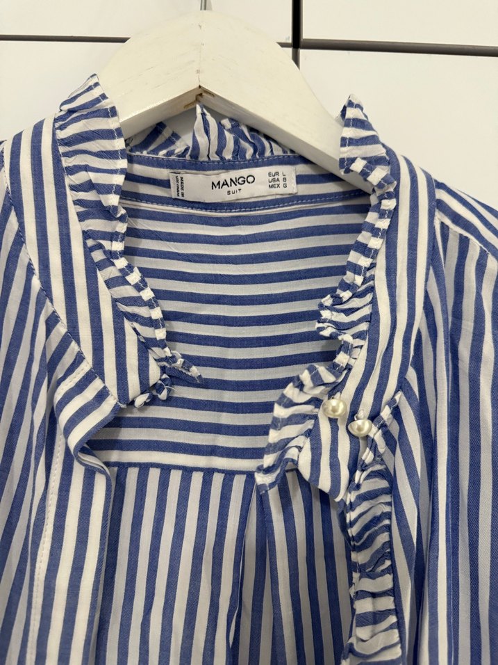 Mavi Çizgili Keten Kadın Gömlek - Görsel 2