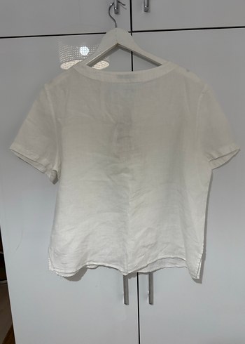 Kadın Beyaz Keten Bohem Kısa Kollu Bluz - Görsel 5