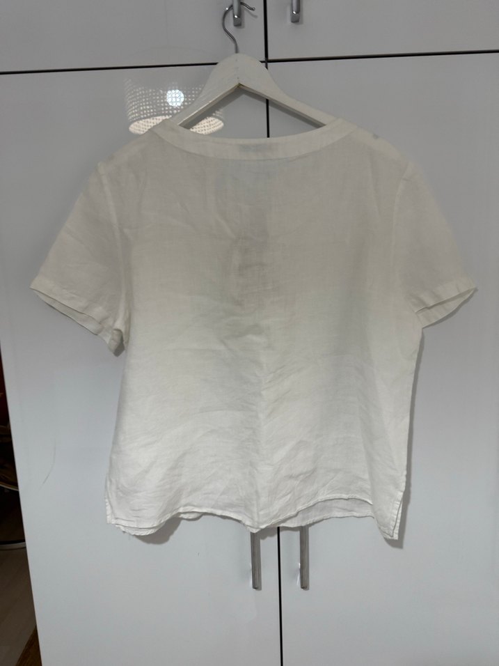 Kadın Beyaz Keten Bohem Kısa Kollu Bluz - Görsel 5