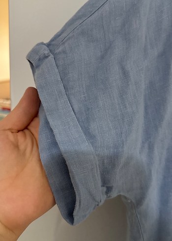 38 Beden mavi Renk Mavi Kısa Kollu Keten Gömlek