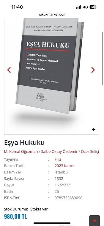 Oğuzman Eşya Hukuku kitabı