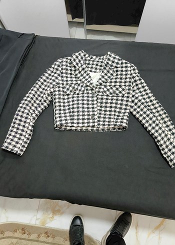 Standart Beden Beden gri Renk Kız Çocuk Siyah Beyaz Düğmeli Ceket