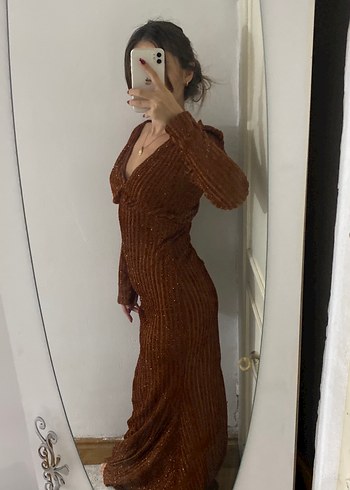 Zara Uzun Kahverengi V Yakalı Triko Elbise