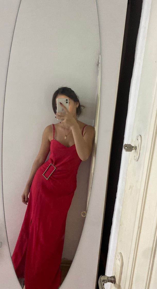 Kırmızı Saten Midi Elbise - Görsel 3