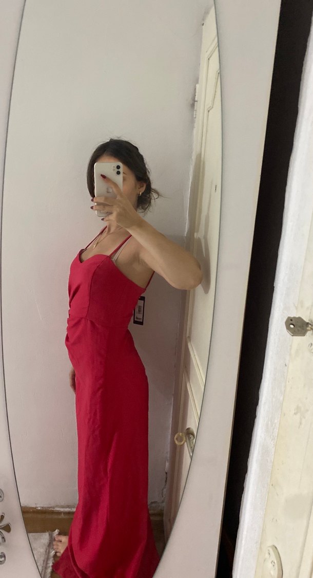 Kırmızı Saten Midi Elbise - Görsel 2