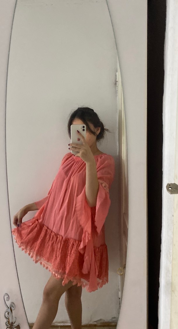 Pembe Transparan Bohem Uzun Kollu Midi Elbise - Görsel 2