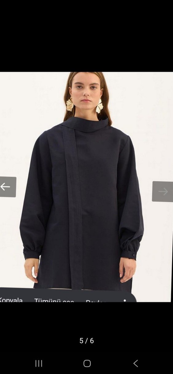 Siyah Keten Yüksek Yakalı Kadın Tunik - Görsel 4