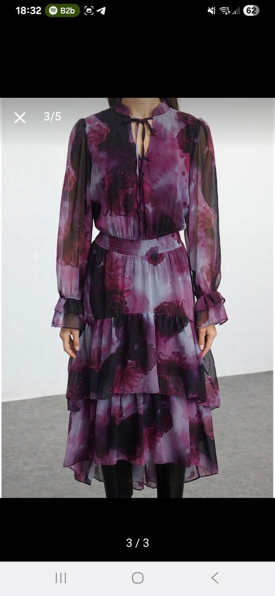 Desenli, fırfırlı mor şifon elbise - Görsel 2