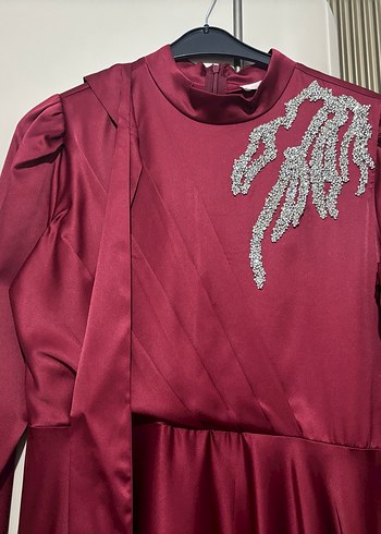 Bordo Uzun Kollu İşlemeli Abiye Elbise(kemeri var) - Görsel 2