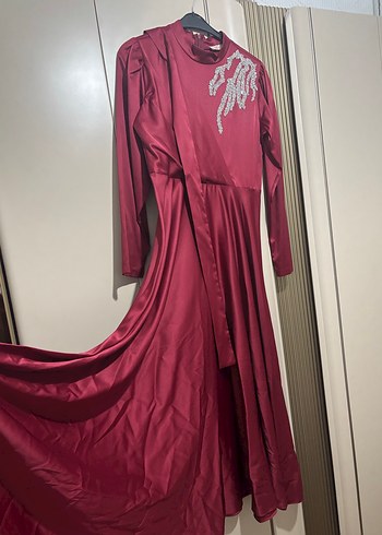 Bordo Uzun Kollu İşlemeli Abiye Elbise(kemeri var) - Görsel 3