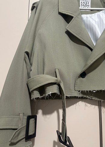 Düğmeli haki yeşili Kadın Keten Trençkot - Görsel 3