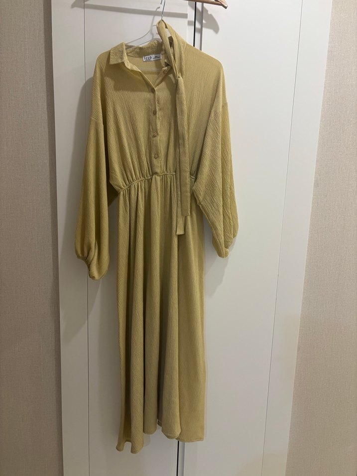 Bej Uzun Keten Elbise - Görsel 4