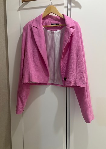 Düğmeli Pembe Keten Kadın Blazer Ceket - Görsel 2