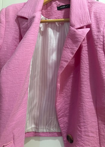 Düğmeli Pembe Keten Kadın Blazer Ceket - Görsel 3