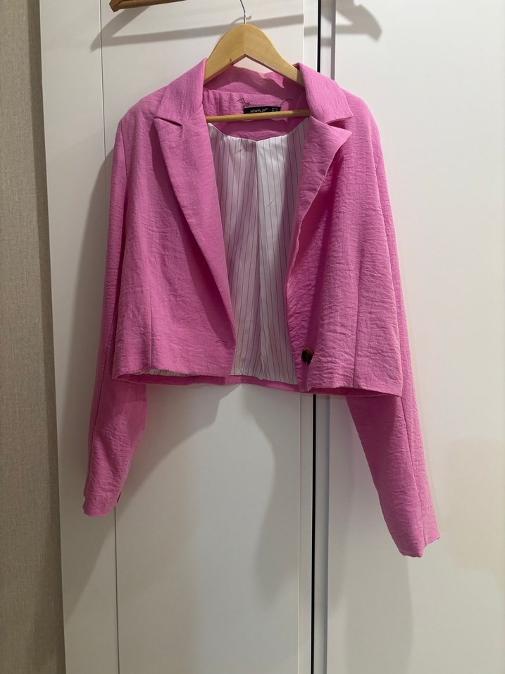 Düğmeli Pembe Keten Kadın Blazer Ceket - Görsel 2