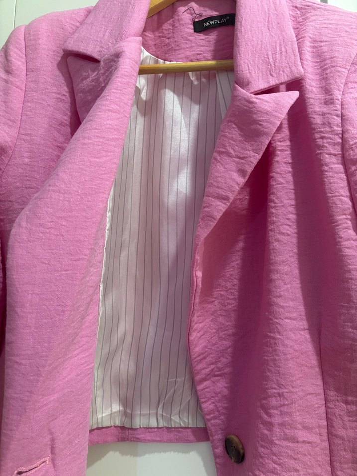 Düğmeli Pembe Keten Kadın Blazer Ceket - Görsel 3
