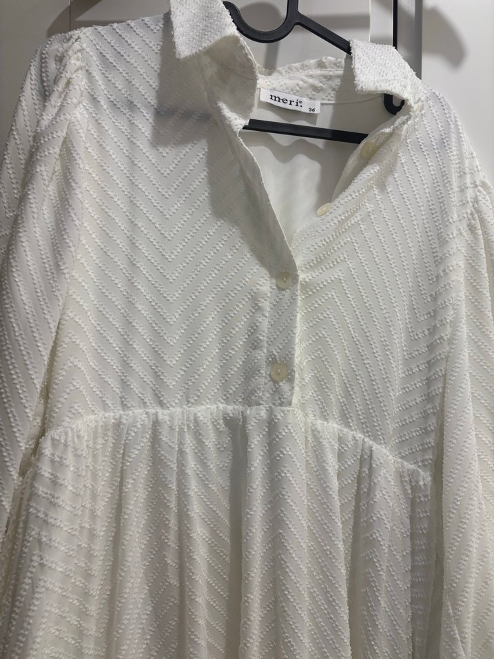 Uzun Kollu Beyaz Pilili Kadın Tesettür Elbise - Görsel 3