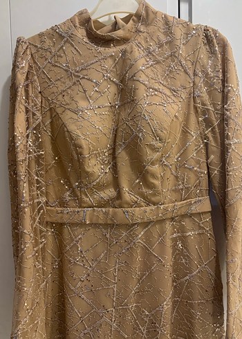 Bej Parlak kalem Uzun Tesettür Abiye Elbise - Görsel 2