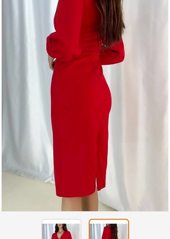 Kırmızı Drapeli Uzun Kollu Kalem Elbise - Görsel 2