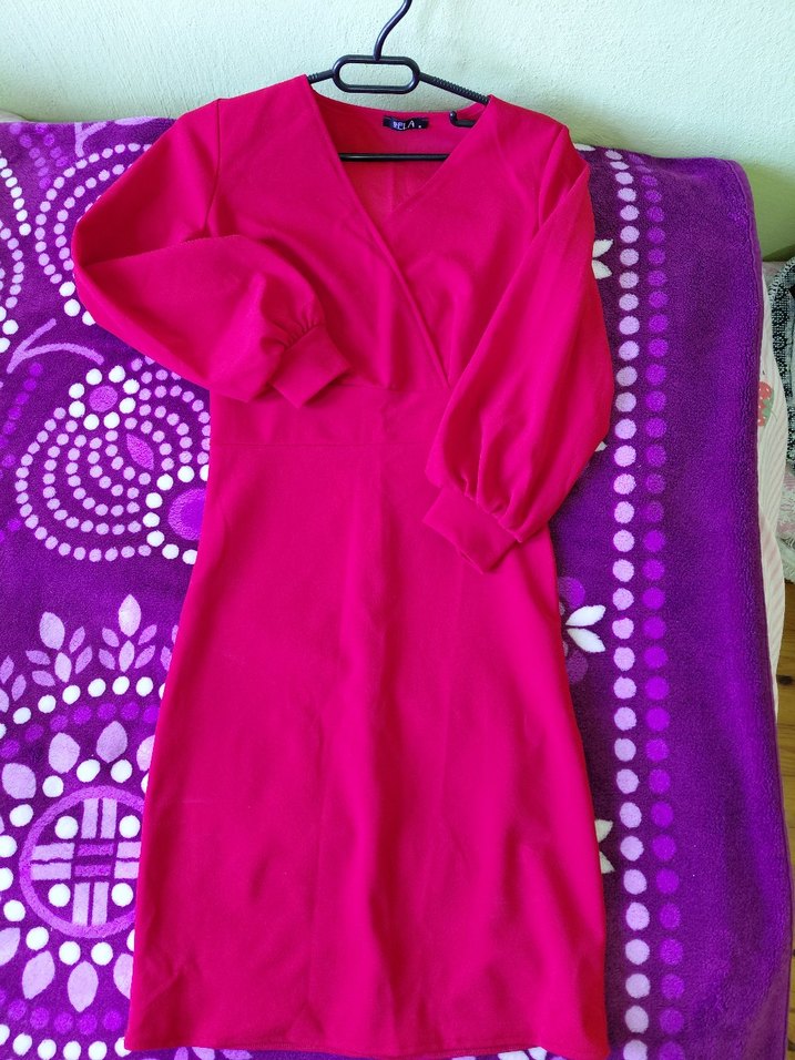 Kırmızı Drapeli Uzun Kollu Kalem Elbise - Görsel 4