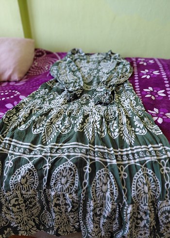 Desenli Bohem Uzun Kollu Yeşil Elbise - Görsel 3